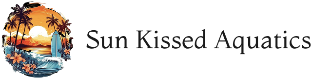Surfing sunset logo with palm trees.