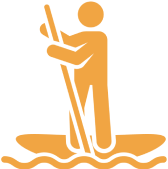Icon of person paddleboarding on water.