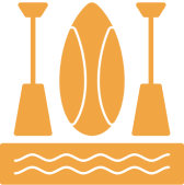 Orange rugby and paddles icon on black.