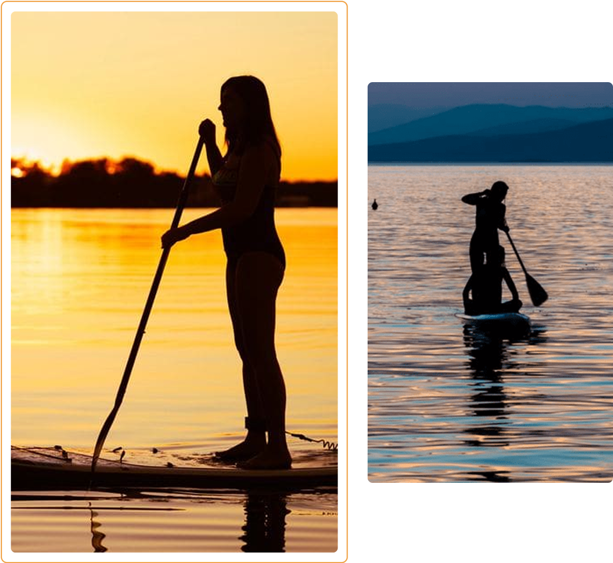 Silhouettes paddleboarding at sunset on lake.