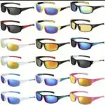 Collection of colorful polarized sunglasses with various frame and lens colors.
